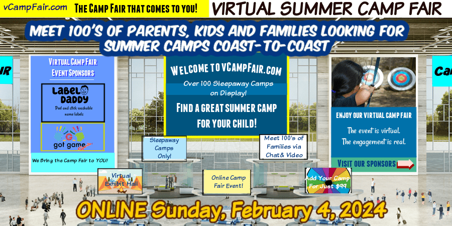 Virtual Camp Fair Lobby for the Feb. 4, 2024 virtual camp fair showcasing resident camps.